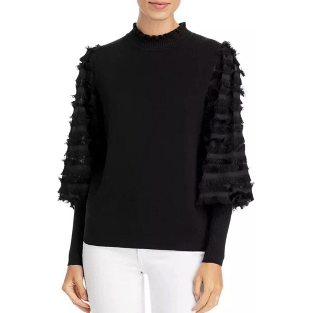 Sioni Lightweight Fringe Boho Maximalist Black Trim Sweater medium